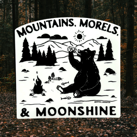 Mountains, Morels, & Moonshine // sticker